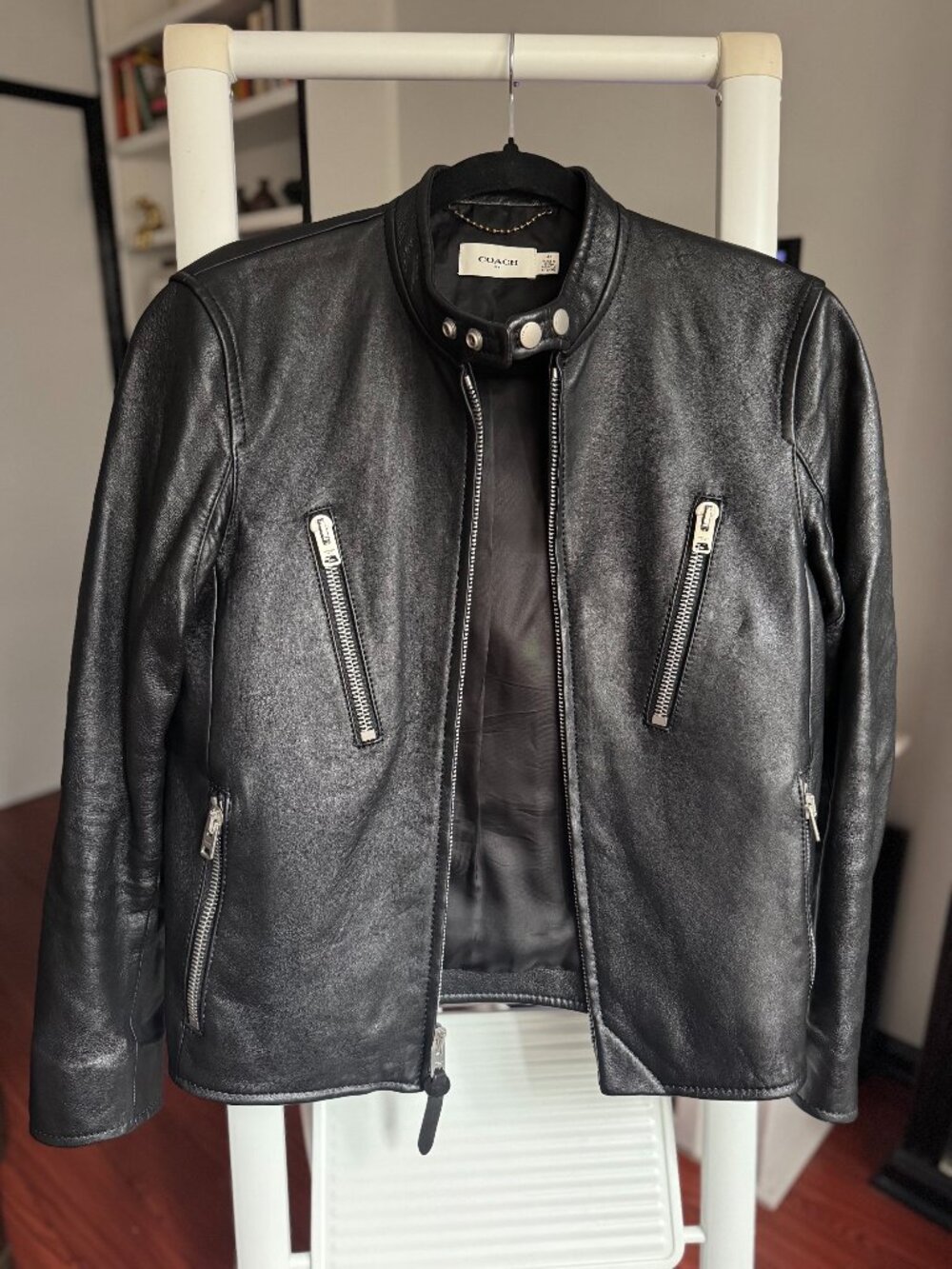 Men's Coach black racer leather jacket, size 44, fits like a Small